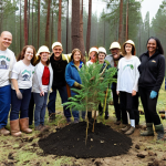 **

A diverse group of volunteers planting trees in a deforested area. Show them working together, smiling, and actively engaged in the planting process. The background should include both the damaged area they are restoring and a glimpse of a healthy forest as the "after" scenario. Focus on conveying a sense of hope and positive action.

**
