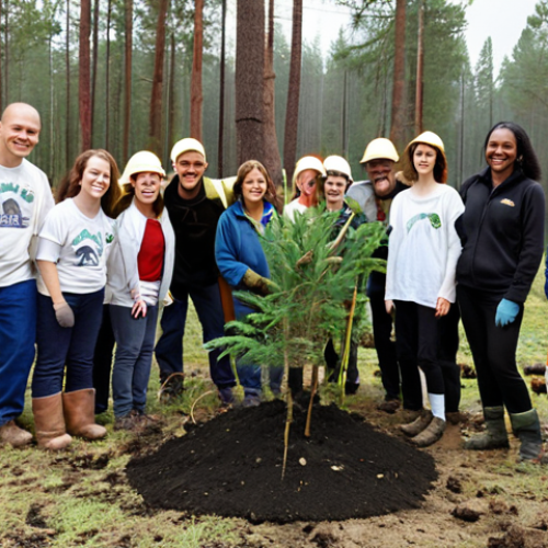 **

A diverse group of volunteers planting trees in a deforested area. Show them working together, smiling, and actively engaged in the planting process. The background should include both the damaged area they are restoring and a glimpse of a healthy forest as the "after" scenario. Focus on conveying a sense of hope and positive action.

**