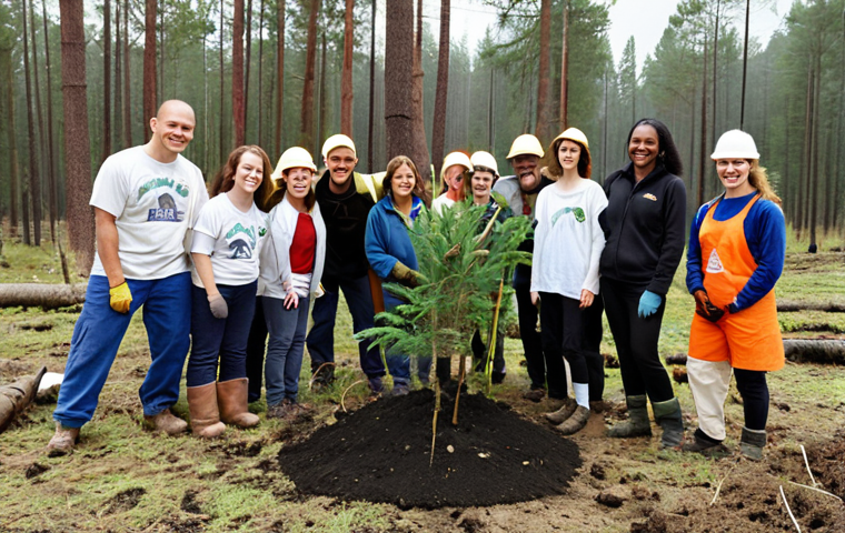 **

A diverse group of volunteers planting trees in a deforested area. Show them working together, smiling, and actively engaged in the planting process. The background should include both the damaged area they are restoring and a glimpse of a healthy forest as the "after" scenario. Focus on conveying a sense of hope and positive action.

**