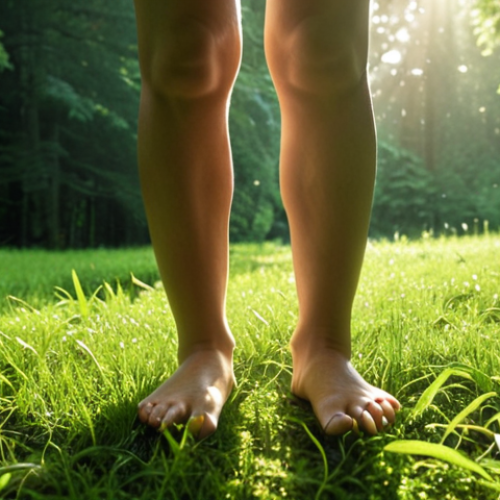 Home 18 A barefoot person stands on dewy grass, feeling the earth between their toes, with a lush green forest in the background. Sunlight filters through the trees, creating a peaceful and serene atmosphere.