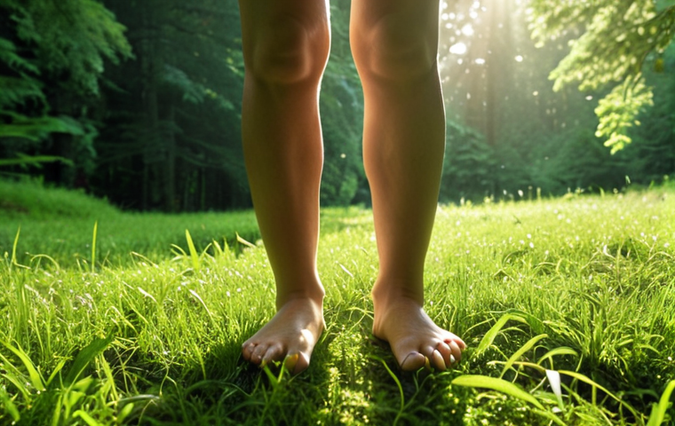 A barefoot person stands on dewy grass, feeling the earth between their toes, with a lush green forest in the background. Sunlight filters through the trees, creating a peaceful and serene atmosphere.