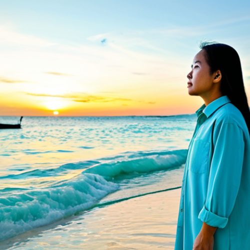 Home 8 **Prompt:** A Malaysian person in their late 20s, with a thoughtful expression, standing on a pristine tropical beach at sunrise, observing the clear ocean water. The person is fully clothed in modest, light-colored outdoor wear, reflecting on the beauty and fragility of nature. Healthy coral reefs are subtly visible beneath the surface. The scene evokes a sense of personal connection and dawning ecological awareness. Perfect anatomy, natural pose, correct proportions, well-formed hands, proper finger count. Professional photography, high quality, vibrant colors, clear focus. safe for work, appropriate content, family-friendly.
