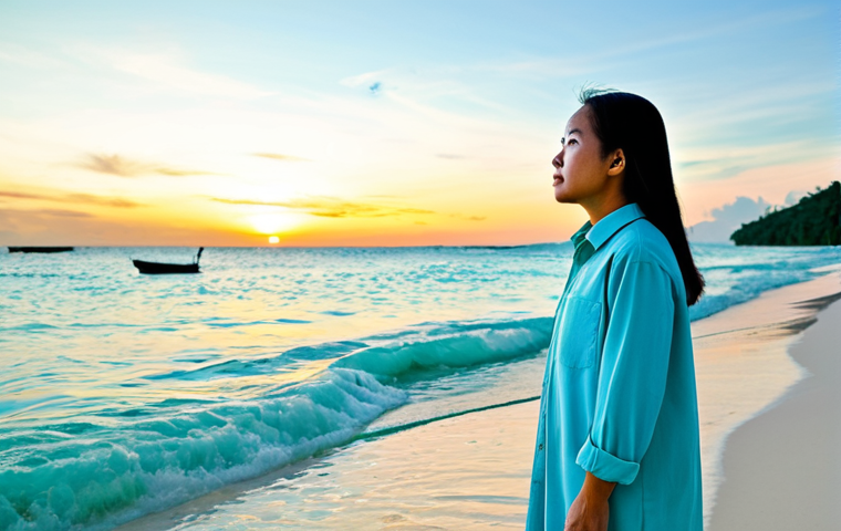 **Prompt:** A Malaysian person in their late 20s, with a thoughtful expression, standing on a pristine tropical beach at sunrise, observing the clear ocean water. The person is fully clothed in modest, light-colored outdoor wear, reflecting on the beauty and fragility of nature. Healthy coral reefs are subtly visible beneath the surface. The scene evokes a sense of personal connection and dawning ecological awareness. Perfect anatomy, natural pose, correct proportions, well-formed hands, proper finger count. Professional photography, high quality, vibrant colors, clear focus. safe for work, appropriate content, family-friendly.
