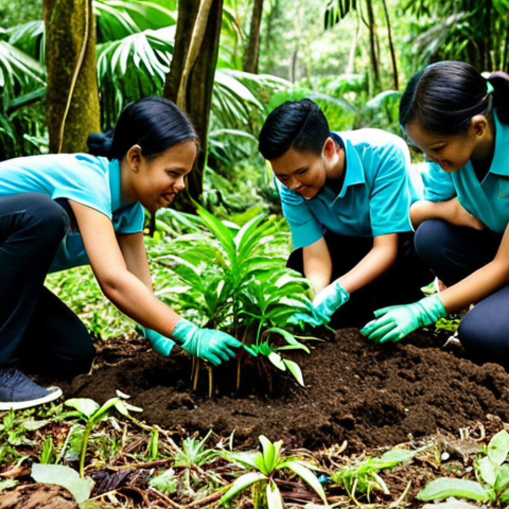 A diverse group of Malaysian young adults and community volunteers, fully clothed in modest, practical outdoor attire, participating in a tree-planting initiative in a lush tropical rainforest in Malaysia. They are carefully placing a small sapling into the ground with focused expressions. The scene is well-lit by natural daylight, showcasing vibrant green foliage and a clear, blue sky in the background. The atmosphere is collaborative and hopeful. This image features perfect anatomy, correct proportions, natural poses, well-formed hands, proper finger count, and natural body proportions. It is safe for work, appropriate content, fully clothed, family-friendly, professional photography, high quality.