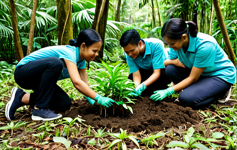 A diverse group of Malaysian young adults and community volunteers, fully clothed in modest, practical outdoor attire, participating in a tree-planting initiative in a lush tropical rainforest in Malaysia. They are carefully placing a small sapling into the ground with focused expressions. The scene is well-lit by natural daylight, showcasing vibrant green foliage and a clear, blue sky in the background. The atmosphere is collaborative and hopeful. This image features perfect anatomy, correct proportions, natural poses, well-formed hands, proper finger count, and natural body proportions. It is safe for work, appropriate content, fully clothed, family-friendly, professional photography, high quality.