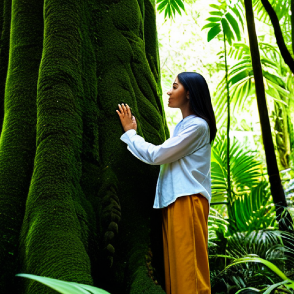 A diverse individual, fully clothed in modest and appropriate outdoor attire, stands peacefully within a lush, sun-dappled tropical rainforest. The person has a serene expression, gently touching a moss-covered tree trunk, symbolizing a deep connection with nature. Sunlight filters through the dense canopy, illuminating the vibrant green foliage and creating a tranquil, harmonious atmosphere. Perfect anatomy, correct proportions, natural pose, well-formed hands, proper finger count, natural body proportions. Safe for work, appropriate content, fully clothed, family-friendly, professional photography, high quality.