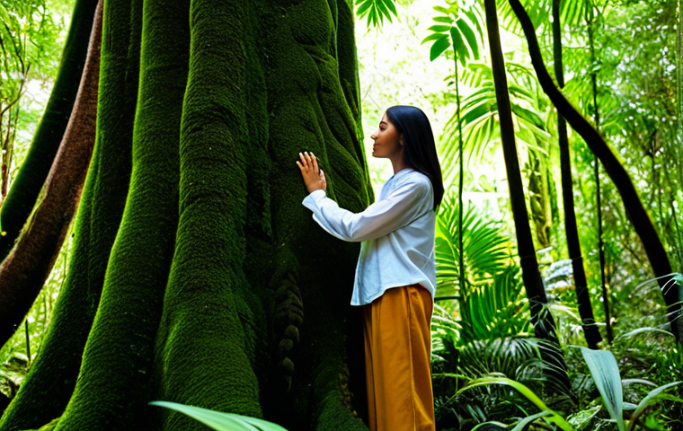 A diverse individual, fully clothed in modest and appropriate outdoor attire, stands peacefully within a lush, sun-dappled tropical rainforest. The person has a serene expression, gently touching a moss-covered tree trunk, symbolizing a deep connection with nature. Sunlight filters through the dense canopy, illuminating the vibrant green foliage and creating a tranquil, harmonious atmosphere. Perfect anatomy, correct proportions, natural pose, well-formed hands, proper finger count, natural body proportions. Safe for work, appropriate content, fully clothed, family-friendly, professional photography, high quality.