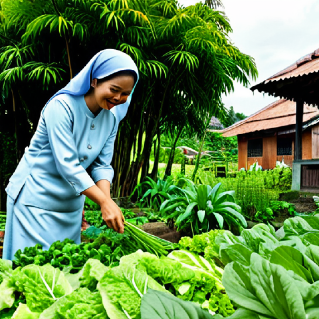 **
A serene image showcasing a Malaysian woman in a modest baju kurung, tending to a lush vegetable garden in her backyard. She's smiling, surrounded by various herbs and vegetables. The background features a traditional kampung house. The scene is bathed in warm sunlight, conveying a sense of peace and contentment. Include "safe for work," "appropriate content," "fully clothed," "professional," "modest," "family-friendly", "perfect anatomy," "correct proportions," and "natural pose."
**