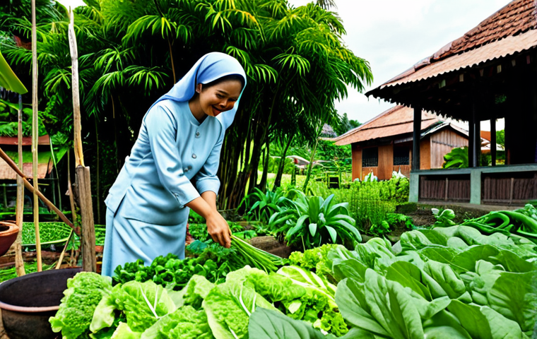 **
A serene image showcasing a Malaysian woman in a modest baju kurung, tending to a lush vegetable garden in her backyard. She's smiling, surrounded by various herbs and vegetables. The background features a traditional kampung house. The scene is bathed in warm sunlight, conveying a sense of peace and contentment. Include "safe for work," "appropriate content," "fully clothed," "professional," "modest," "family-friendly", "perfect anatomy," "correct proportions," and "natural pose."
**