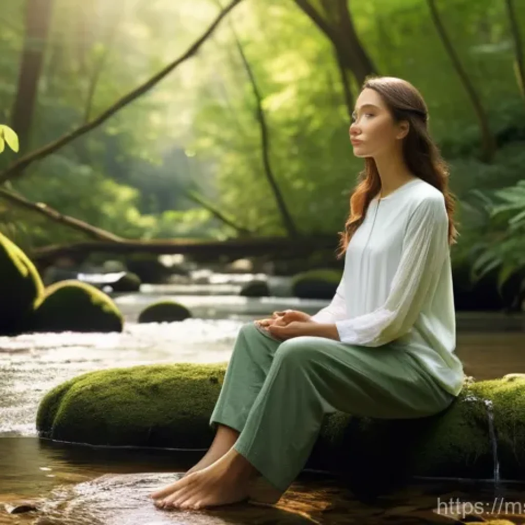 생태적 자아 형성을 위한 정신적 훈련 - **Serene Forest Meditation**
A young adult woman, dressed in a modest, comfortable long-sleeved ...