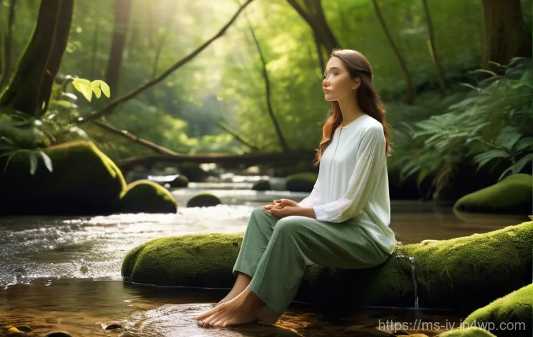 생태적 자아 형성을 위한 정신적 훈련 - **Serene Forest Meditation**
A young adult woman, dressed in a modest, comfortable long-sleeved ...