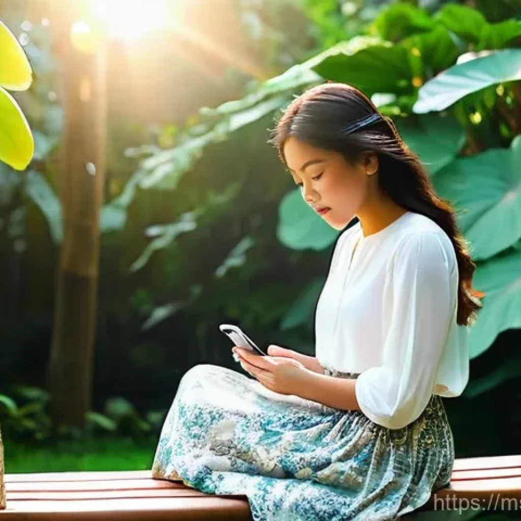 생태적 자아 형성을 위한 개인적 실천 전략 - **Prompt 1: Tranquil Digital Detox in a Malaysian Garden**
"A peaceful and serene image of a you...