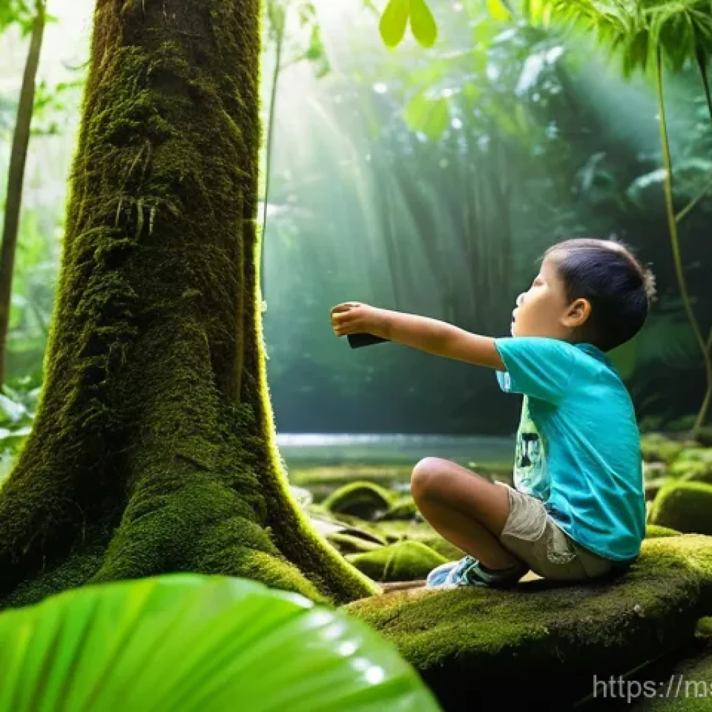 생태적 자아 형성과 생태학적 지식의 전파 - **Prompt:** A serene and vibrant scene within a lush Malaysian rainforest. A diverse group of Malays...