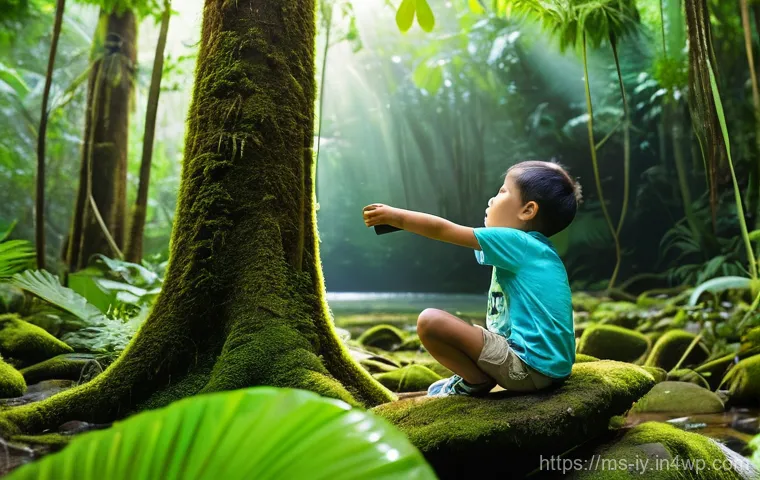 생태적 자아 형성과 생태학적 지식의 전파 - **Prompt:** A serene and vibrant scene within a lush Malaysian rainforest. A diverse group of Malays...