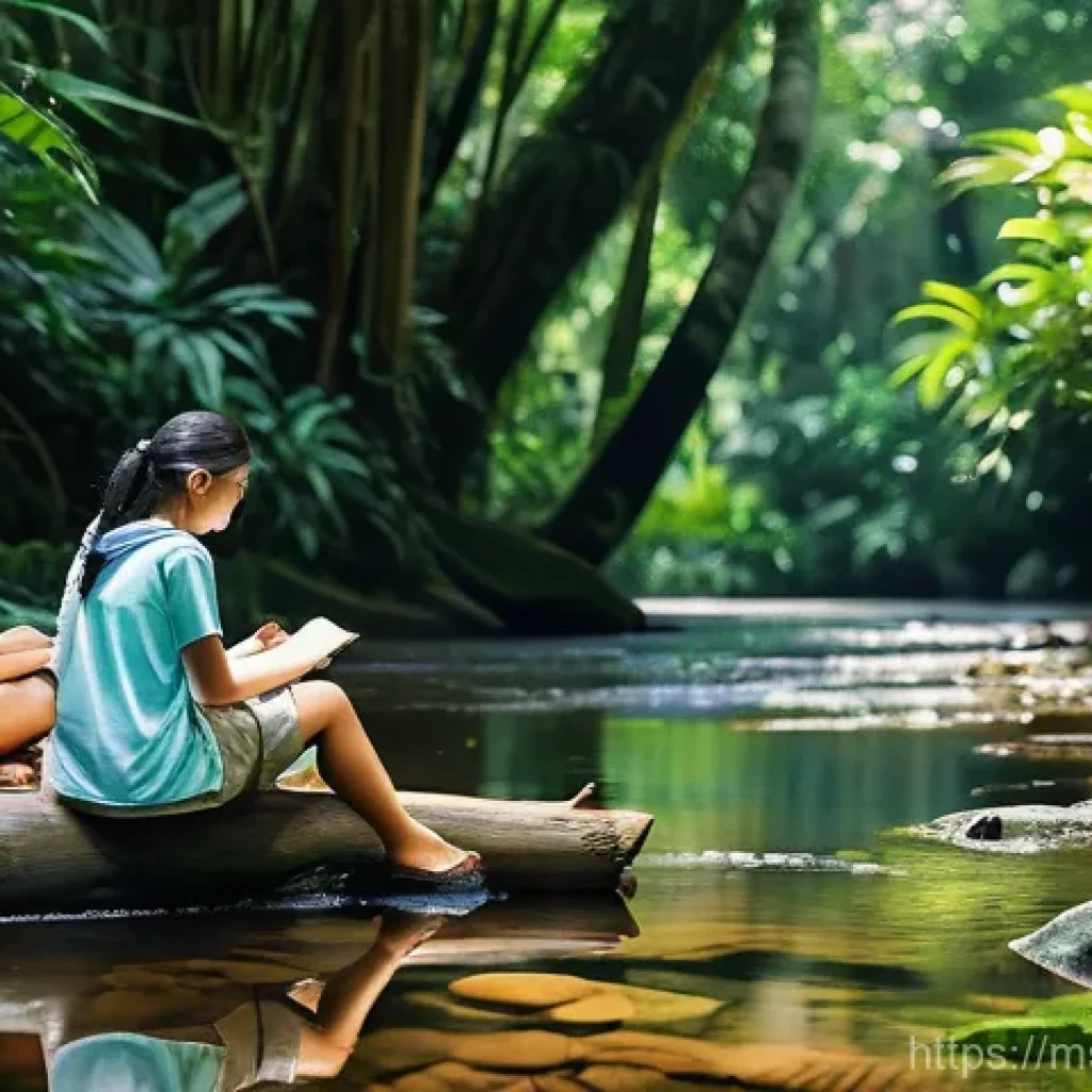 청소년의 생태적 자아 형성을 위한 프로그램 - **Prompt:** A diverse group of Malaysian teenagers, aged 15-18, sitting casually by a clear, tranqui...