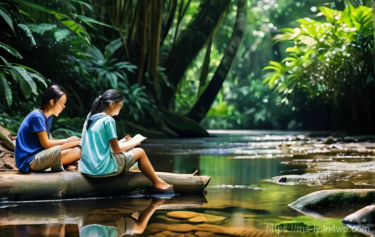 청소년의 생태적 자아 형성을 위한 프로그램 - **Prompt:** A diverse group of Malaysian teenagers, aged 15-18, sitting casually by a clear, tranqui...