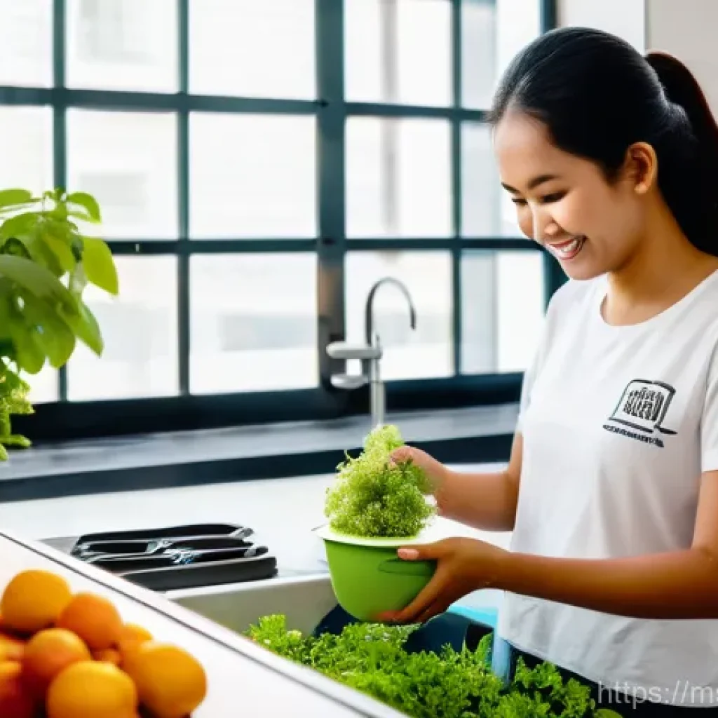 생태적 자아를 위한 자원 관리 방안 - **"A heartwarming scene inside a modern, eco-conscious Malaysian kitchen. A young Malay mother, dres...