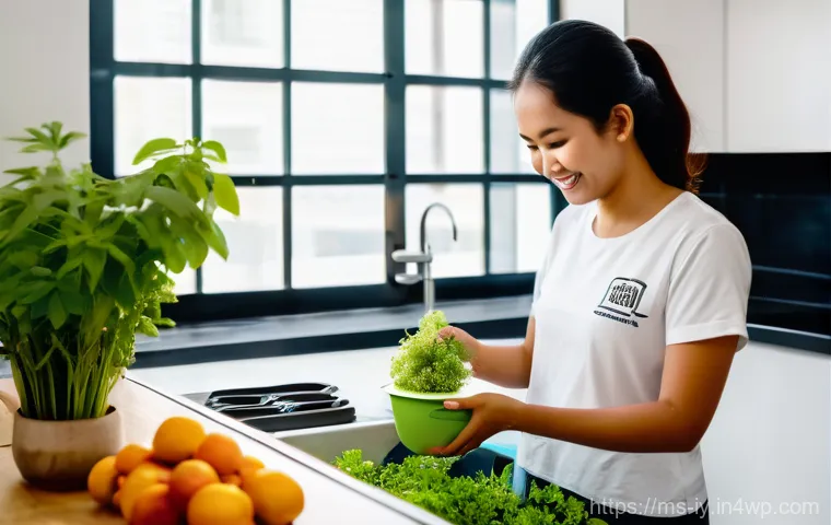 생태적 자아를 위한 자원 관리 방안 - **"A heartwarming scene inside a modern, eco-conscious Malaysian kitchen. A young Malay mother, dres...