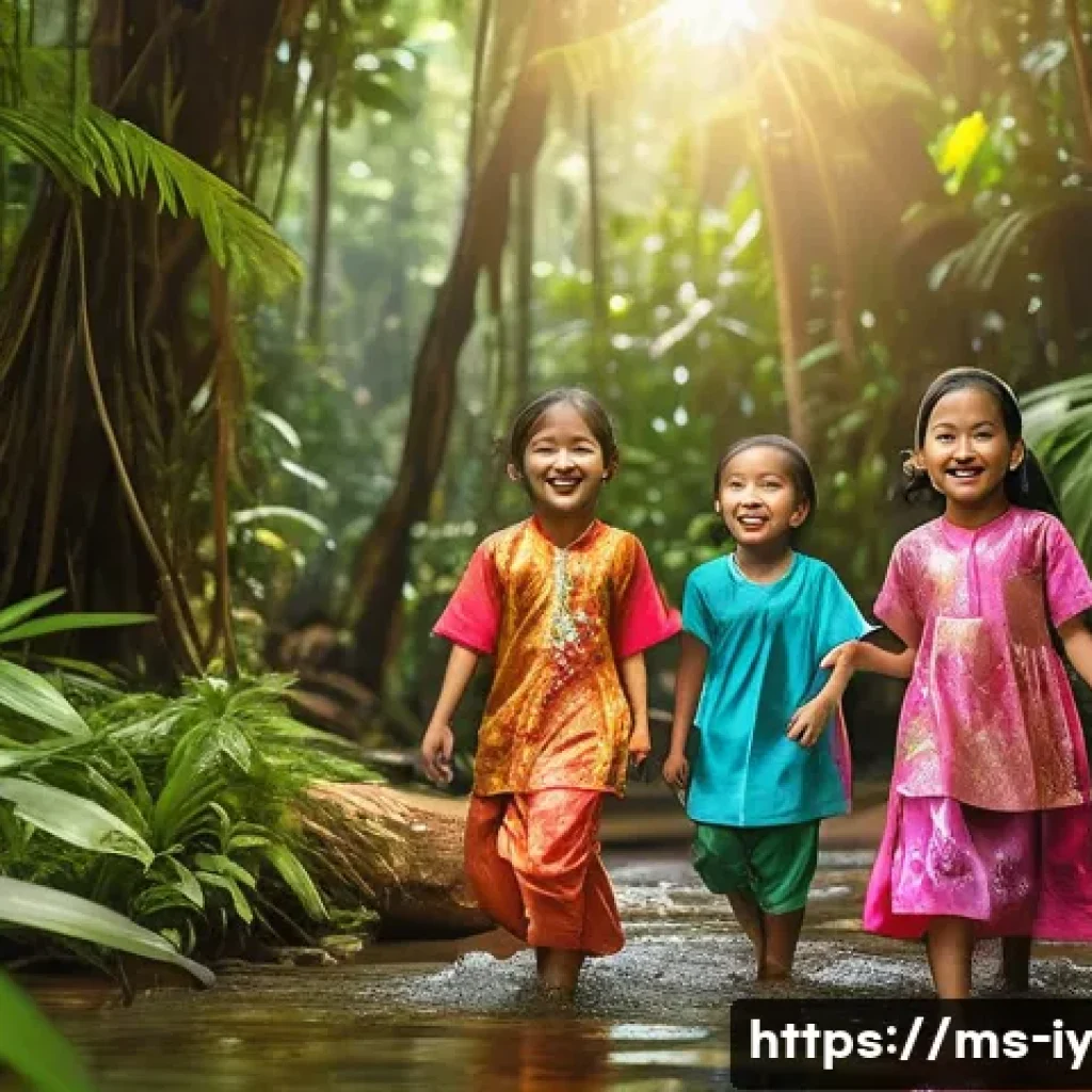 생태적 자아 형성을 위한 혁신적 접근법 - **A group of Malaysian children are playing in a lush rainforest clearing, wearing modest, colorful ...