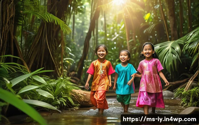 생태적 자아 형성을 위한 혁신적 접근법 - **A group of Malaysian children are playing in a lush rainforest clearing, wearing modest, colorful ...