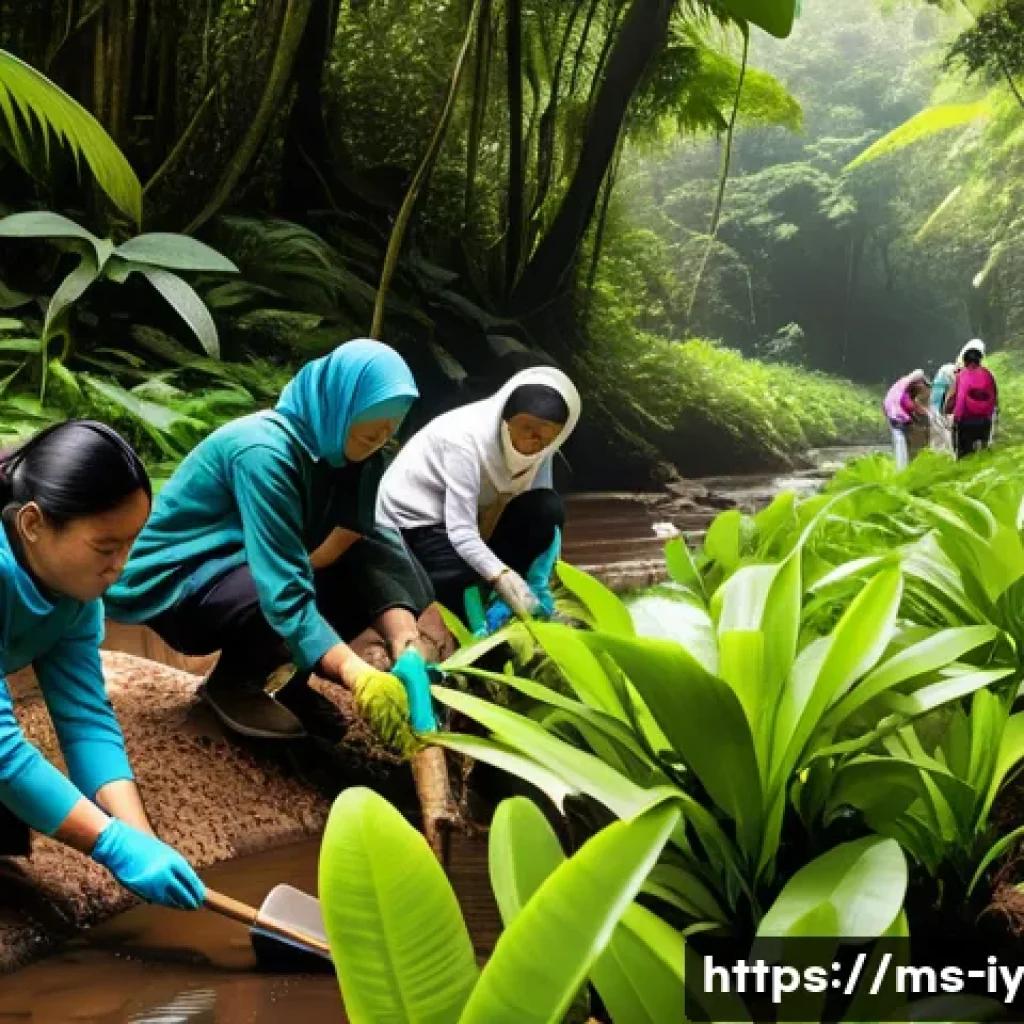 생태적 자아 형성에 관한 최신 연구 동향 - A serene Malaysian rainforest scene featuring a diverse group of people from different age groups pa...