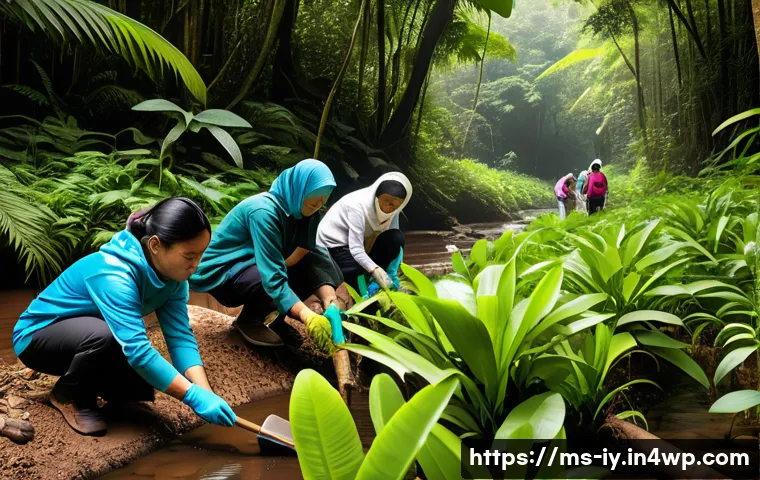 생태적 자아 형성에 관한 최신 연구 동향 - A serene Malaysian rainforest scene featuring a diverse group of people from different age groups pa...