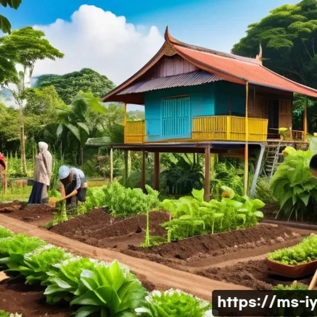 생태적 자아 형성과 생태적 행동의 중요성 - A vibrant Malaysian community garden scene in the late afternoon, featuring diverse local residents ...