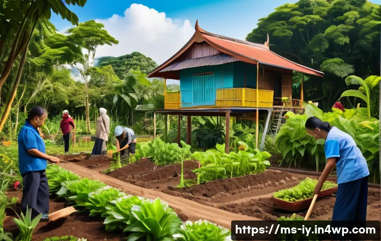 생태적 자아 형성과 생태적 행동의 중요성 - A vibrant Malaysian community garden scene in the late afternoon, featuring diverse local residents ...