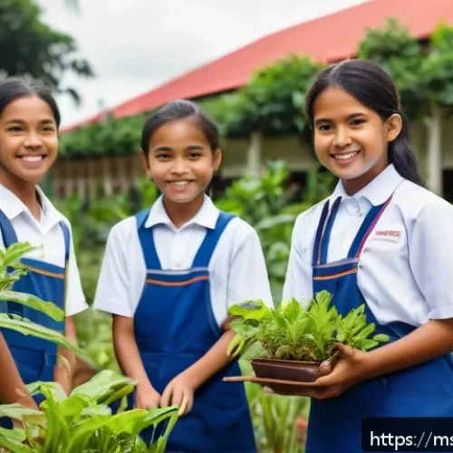 Home 33 생태적 자아의 발전을 위한 교육적 접근 - A vibrant outdoor school garden scene in Malaysia where diverse students aged 10-14, wearing school ...