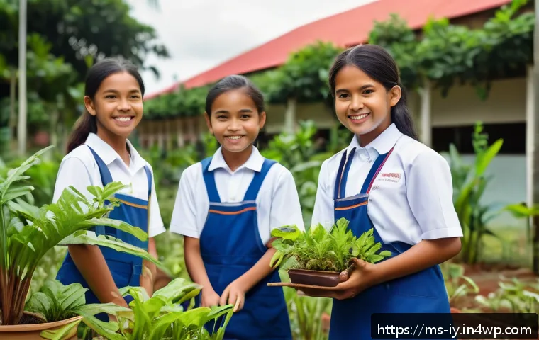 생태적 자아의 발전을 위한 교육적 접근 - A vibrant outdoor school garden scene in Malaysia where diverse students aged 10-14, wearing school ...