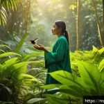 Home 20 자연과의 연결이 생태적 자아에 미치는 영향 - A serene Malaysian rainforest scene at dawn with soft golden sunlight filtering through dense tropic...