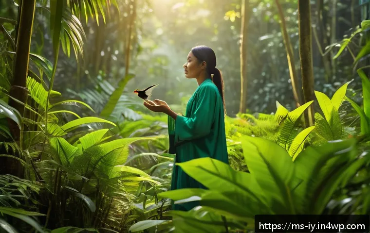 자연과의 연결이 생태적 자아에 미치는 영향 - A serene Malaysian rainforest scene at dawn with soft golden sunlight filtering through dense tropic...