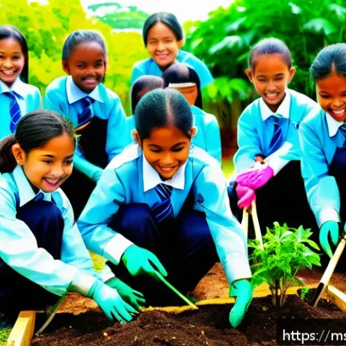 Home 31 생태적 자아 형성을 위한 정책 제안 - A vibrant Malaysian school garden scene showing a diverse group of young students, all wearing schoo...