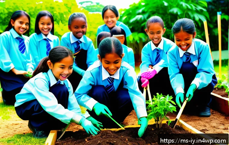 생태적 자아 형성을 위한 정책 제안 - A vibrant Malaysian school garden scene showing a diverse group of young students, all wearing schoo...