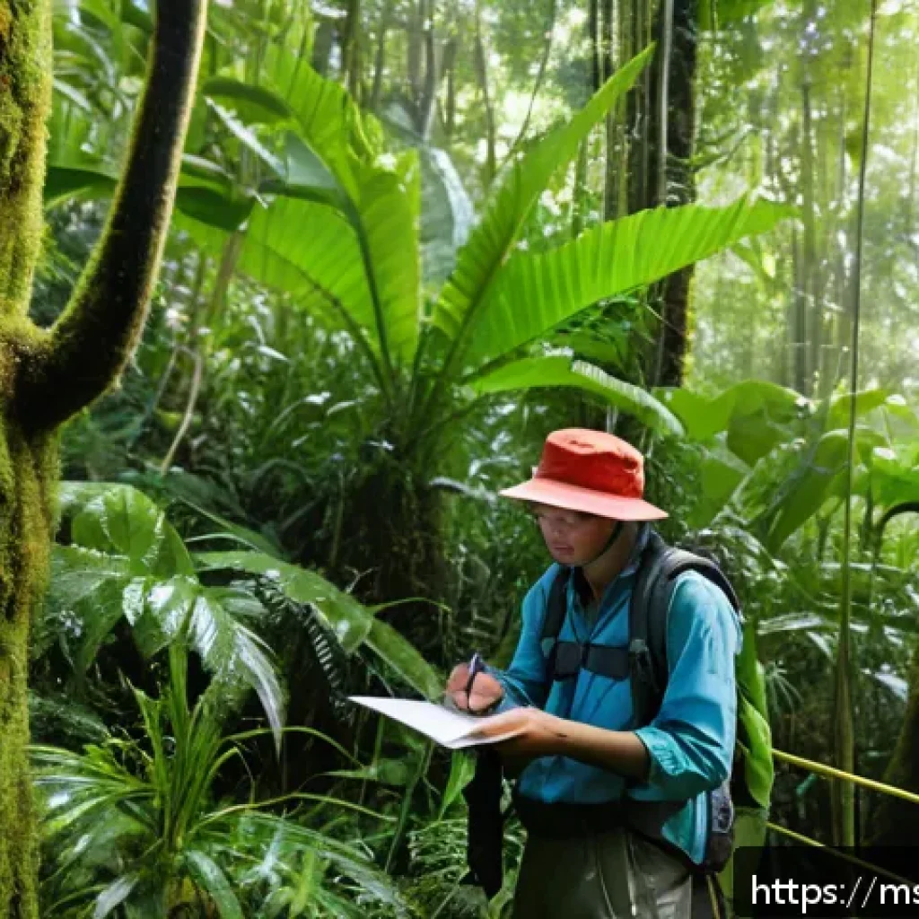 생태적 자아 형성을 위한 데이터 분석 - A detailed scene of a Malaysian tropical rainforest with a field ecologist wearing lightweight outdo...