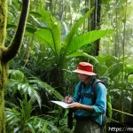 Home 18 생태적 자아 형성을 위한 데이터 분석 - A detailed scene of a Malaysian tropical rainforest with a field ecologist wearing lightweight outdo...