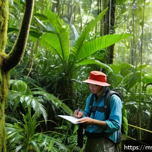 Home 30 생태적 자아 형성을 위한 데이터 분석 - A detailed scene of a Malaysian tropical rainforest with a field ecologist wearing lightweight outdo...