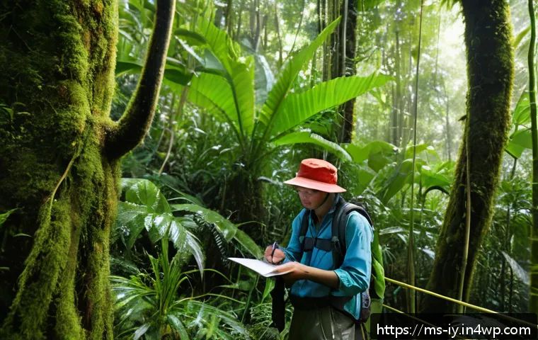 생태적 자아 형성을 위한 데이터 분석 - A detailed scene of a Malaysian tropical rainforest with a field ecologist wearing lightweight outdo...