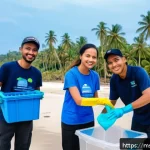 Home 23 생태적 자아의 중요성과 필요성 - A vibrant Malaysian community beach cleanup event at sunrise, featuring diverse local volunteers wea...