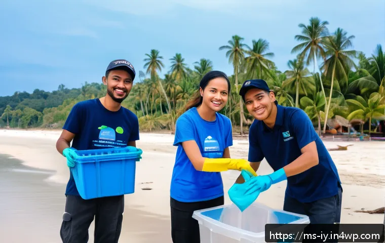 생태적 자아의 중요성과 필요성 - A vibrant Malaysian community beach cleanup event at sunrise, featuring diverse local volunteers wea...